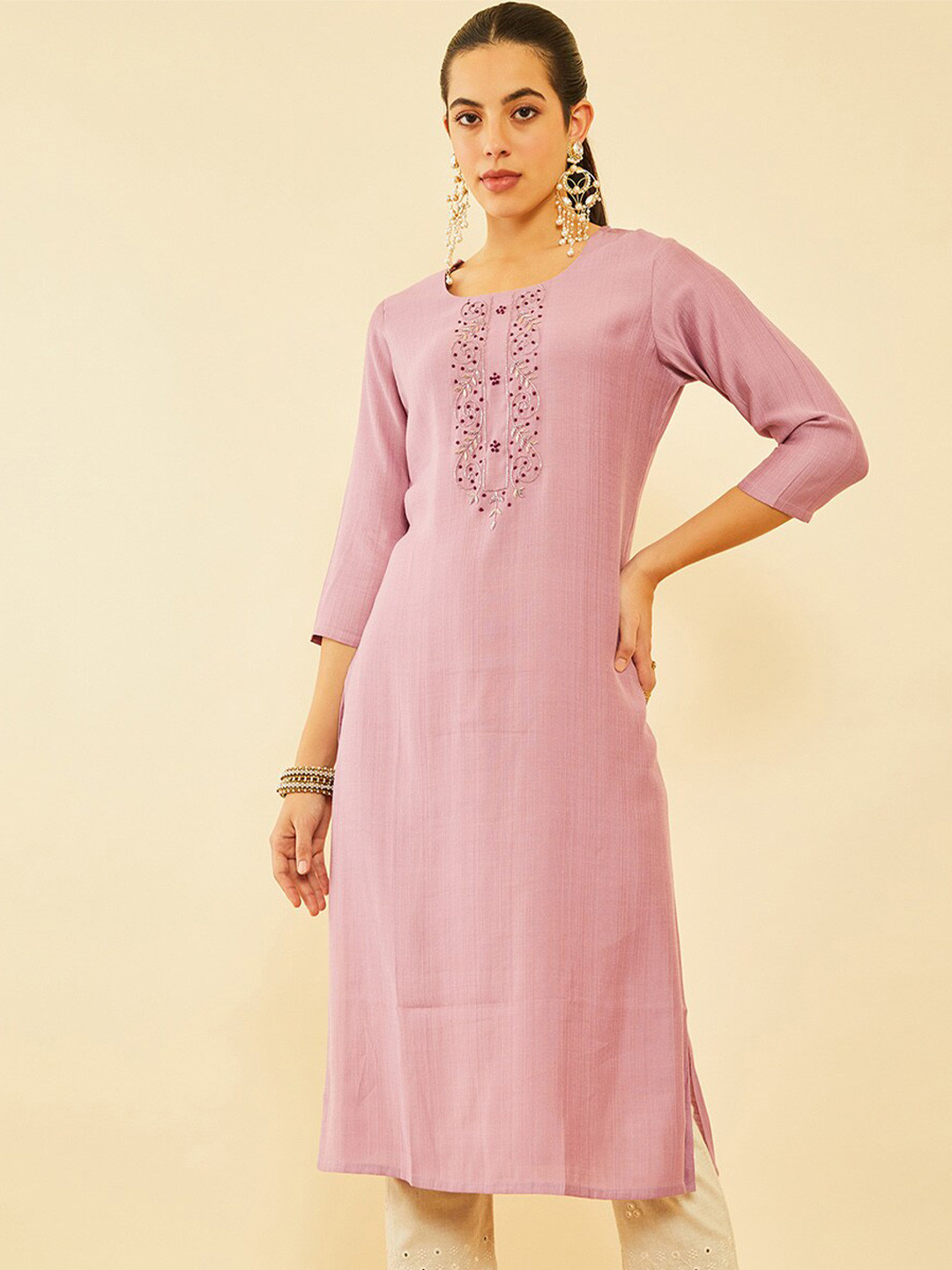 Soch Floral Yoke Design Thread Work Cutdana Detail Straight Kurta