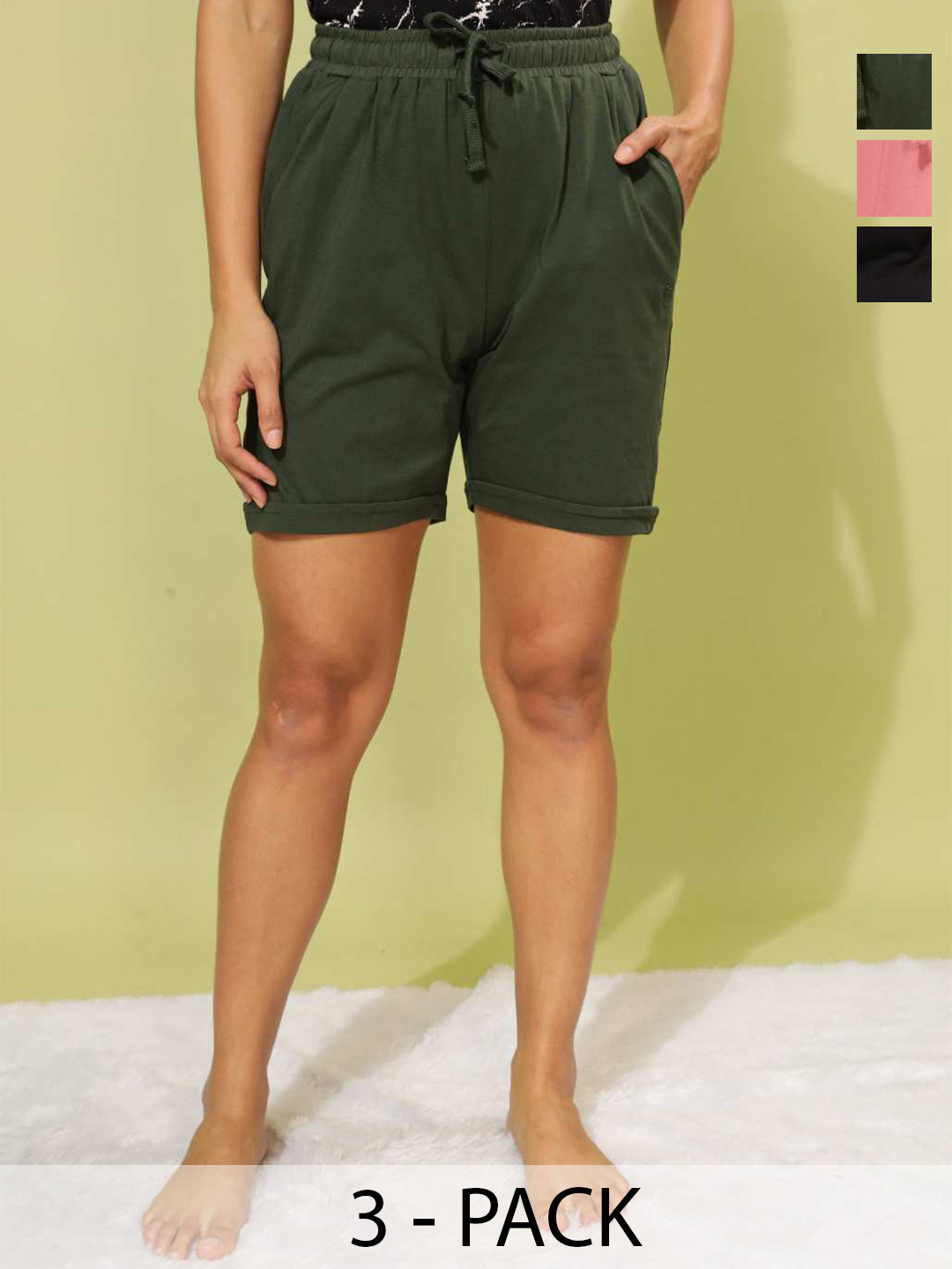 Dollar Women Pack of 3 Rich Cotton Super Soft Shorts with Side Zipper Pocket