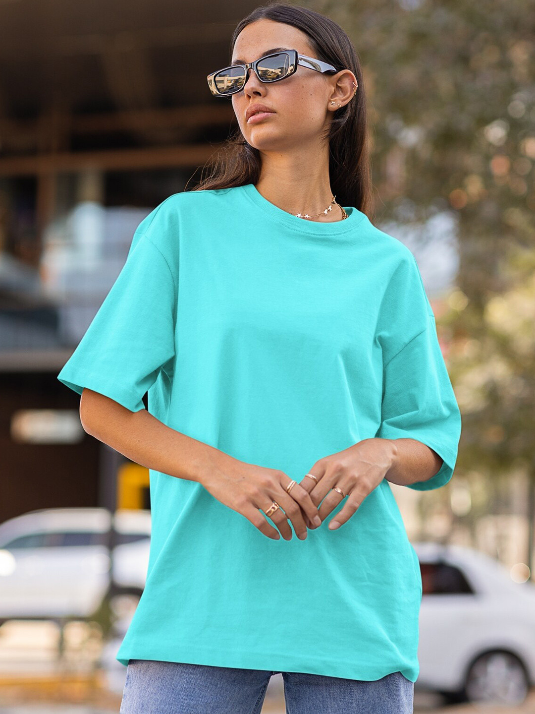 CAPTCHA Solid Cyan blue  Drop-shoulder Pure Cotton Oversized Tshirt