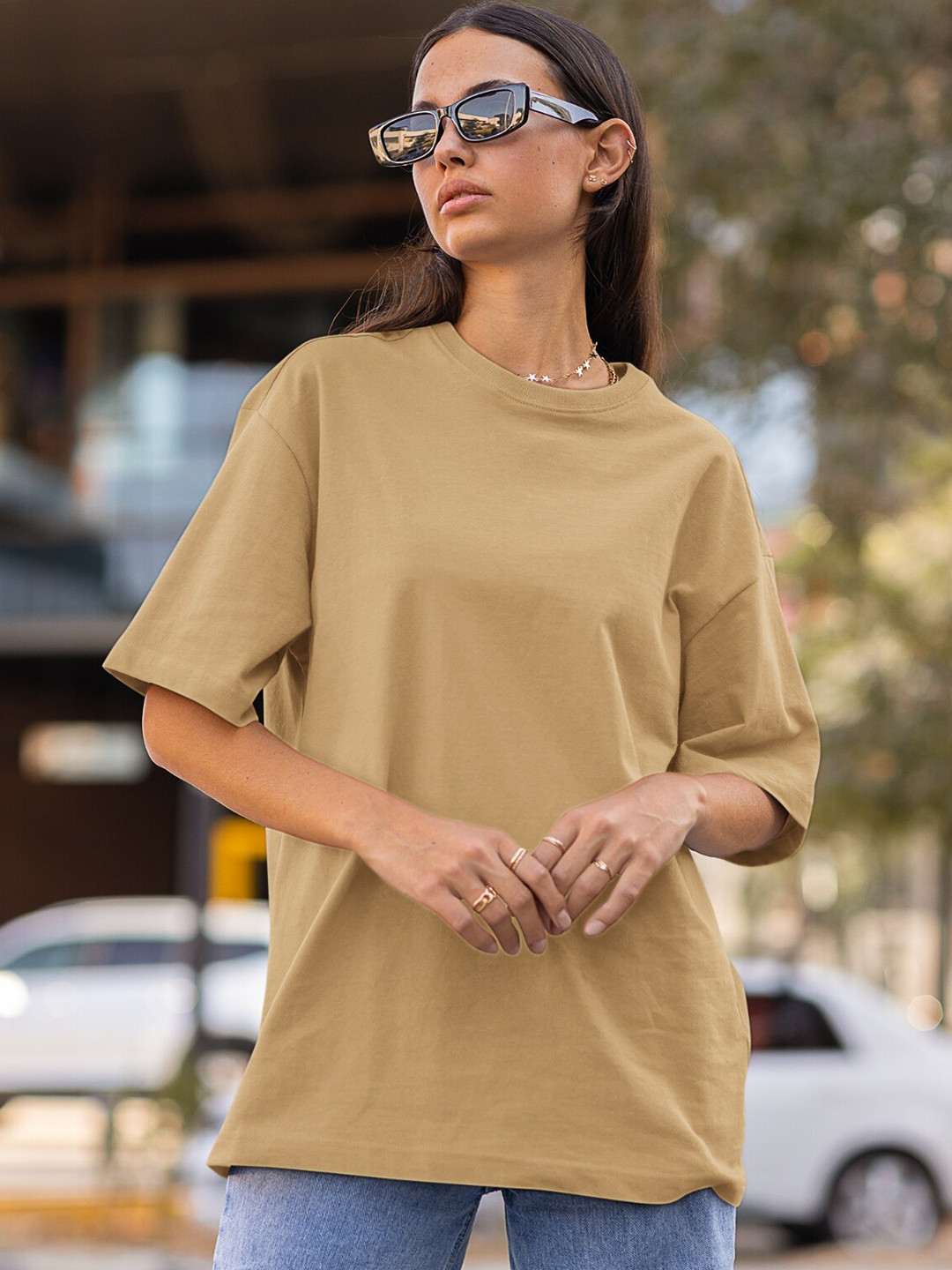 CAPTCHA Solid Beige  Drop-shoulder Pure Cotton Oversized Tshirt