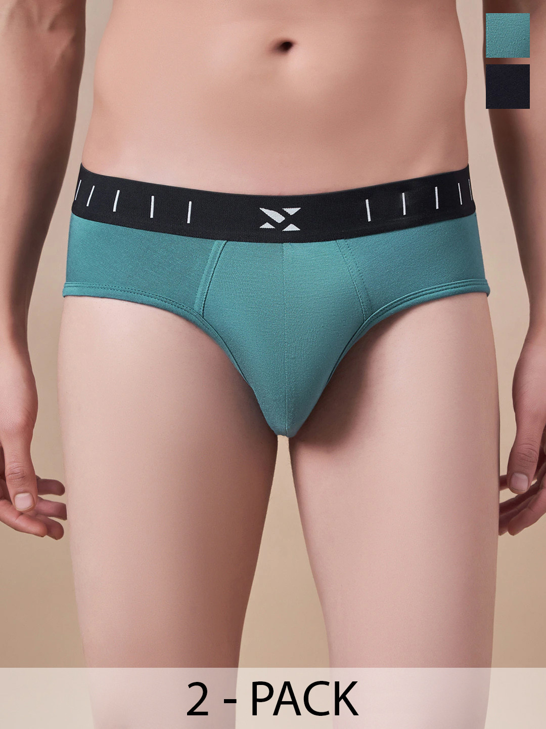 Masch Sports Pack Of 2 Low Rise Anti Microbial Basic Briefs BRF-2-SOL-EI-GRN-ET-BLK