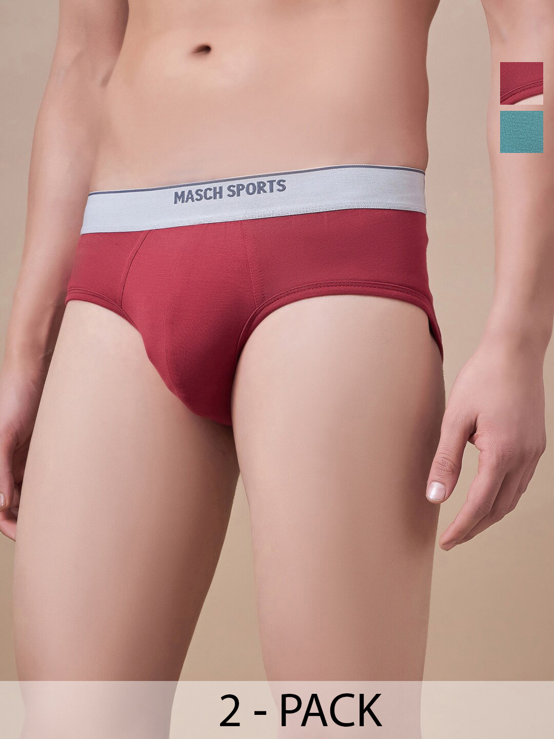 Masch Sports Pack Of 2 Low-Rise Anti-Microbial Basic Briefs BRF-2-SOL-EI-GRN-ET-RED