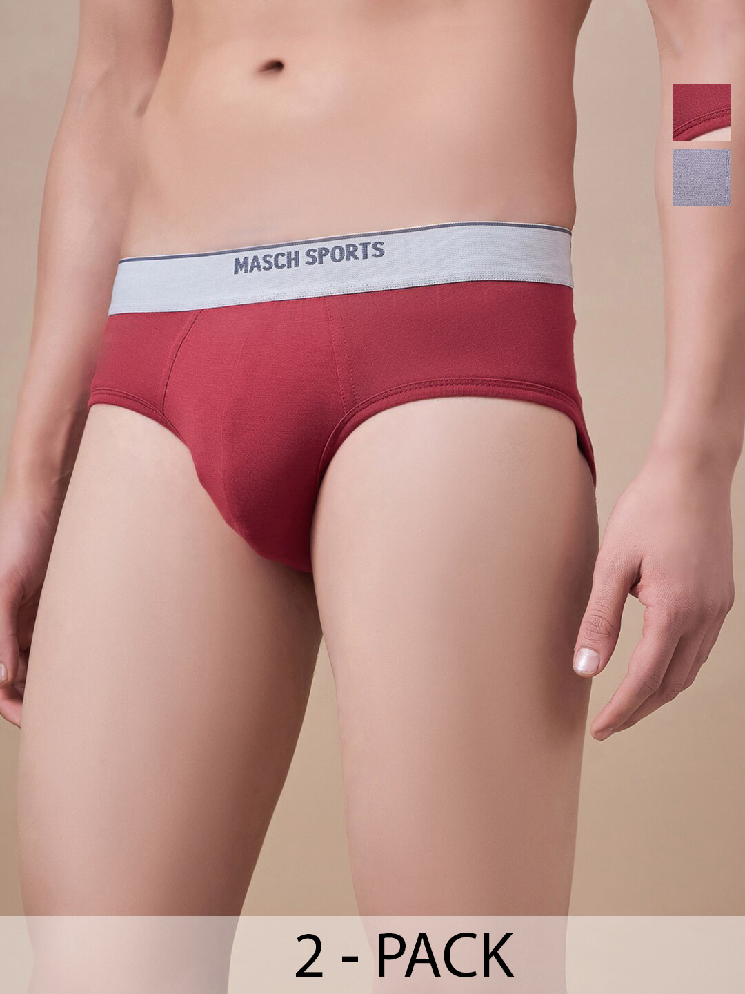 Masch Sports Pack Of 2 Mid -Rise Anti-MicrobialBasic Briefs BRF-2-SOL-EI-GRY-ET-RED