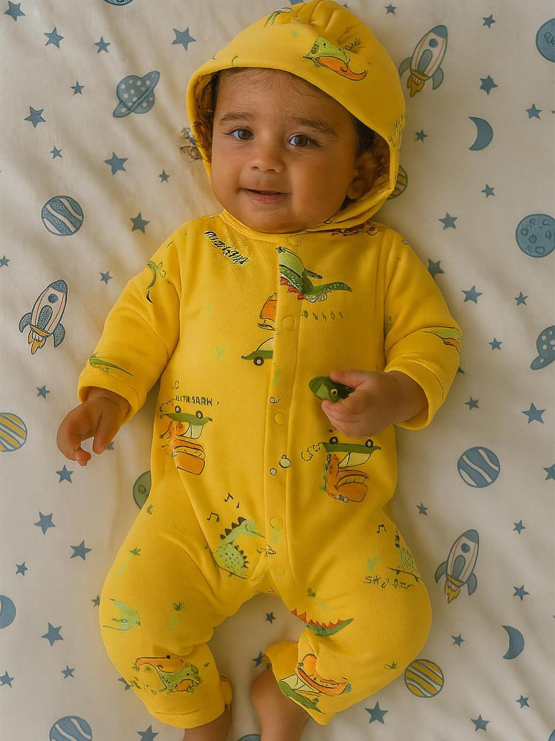 MeeMee Baby Printed Bonded Hooded Cotton Romper Suit