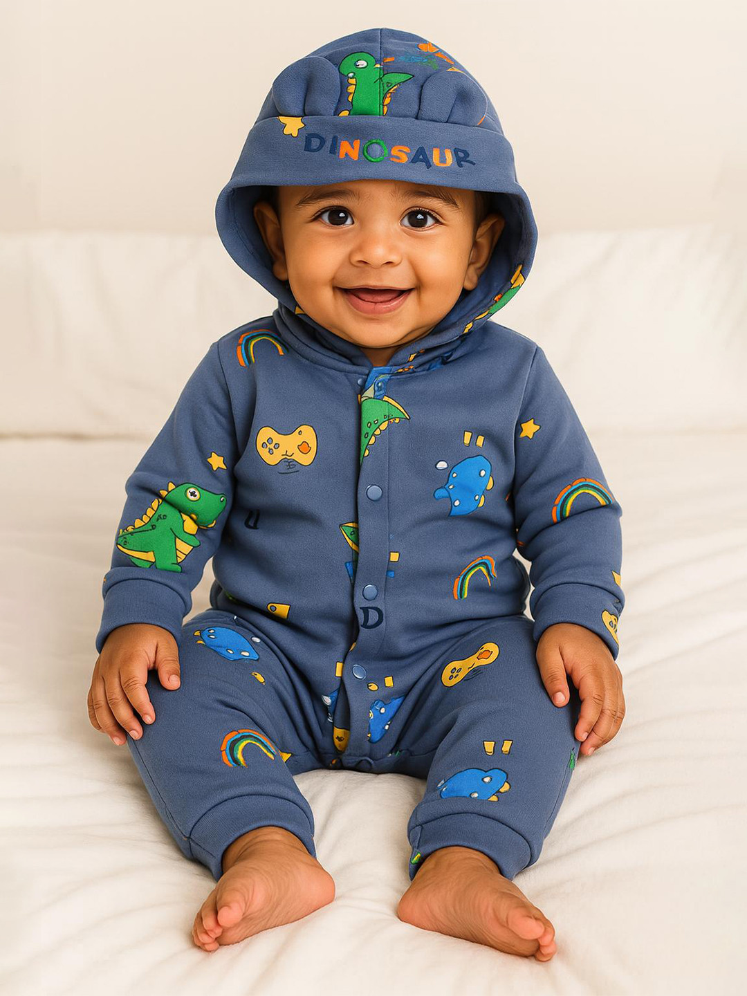 MeeMee Infants Printed Bonded Hooded Neck Cotton Romper Suits