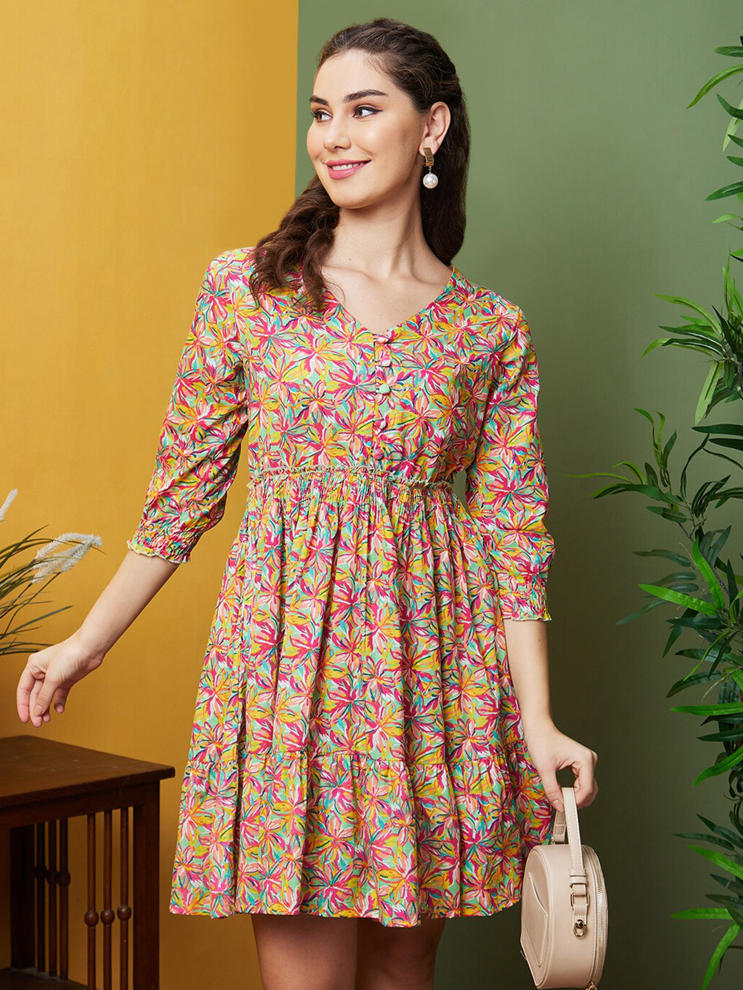 Globus Allover Floral Printed V-Neck Smocked Flared Hem Fusion A-Line Dress