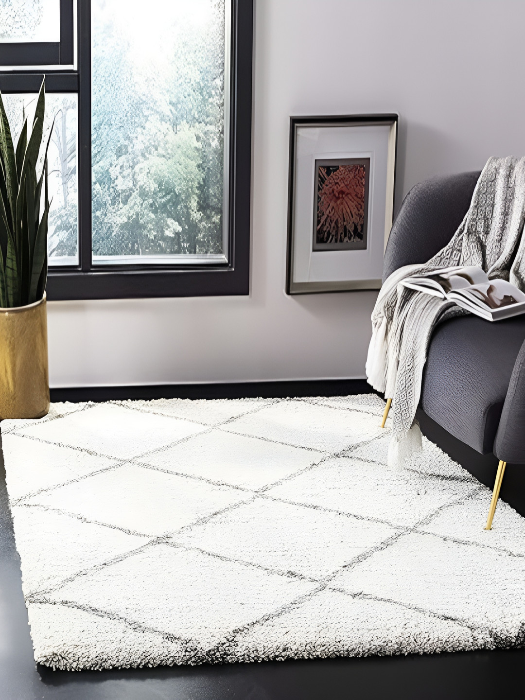 Shopgallery Beige & Grey Geometric Printed Anti Skid Carpet