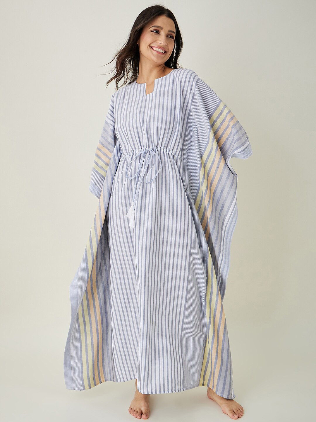 The Kaftan Company Blue Striped Pure Cotton Maxi Nightdress