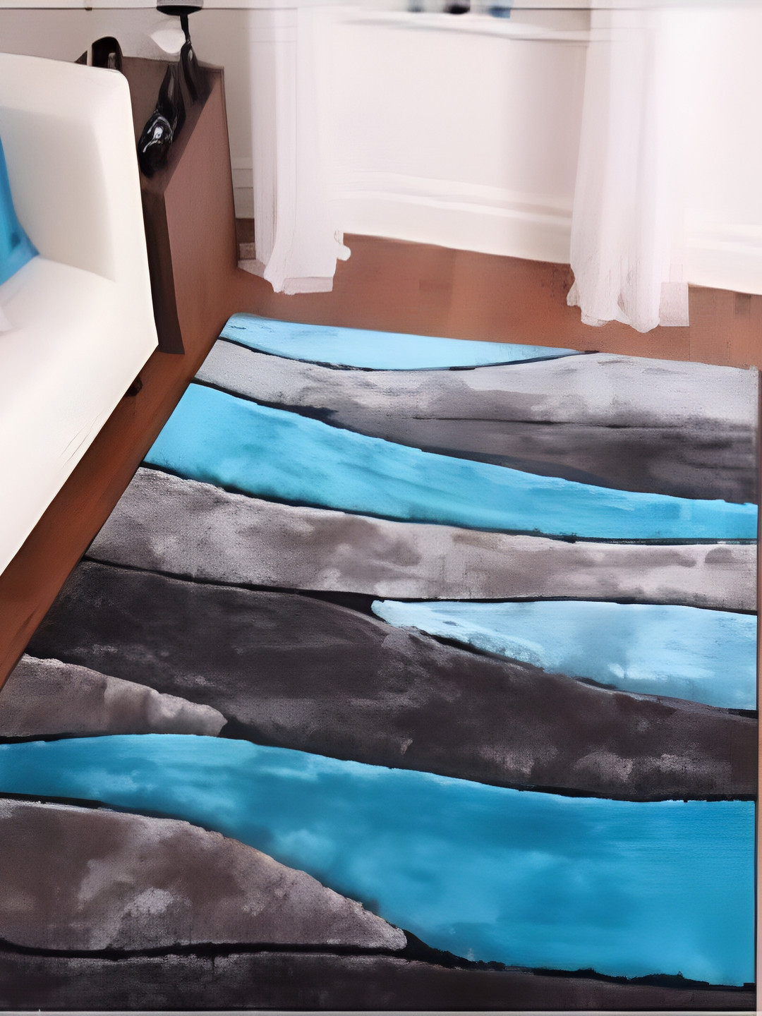 Shopgallery Silver Toned & Blue Geometric Anti Skid Shaggy Carpet
