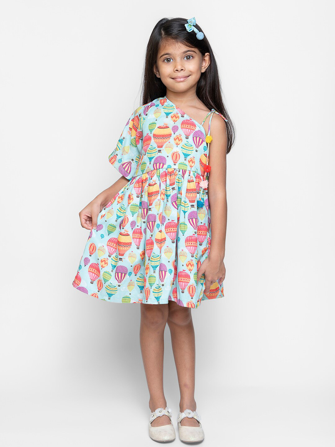 Fairies Forever Floral Print Flared Sleeve Hot Air Ballon One Shoulder Dress