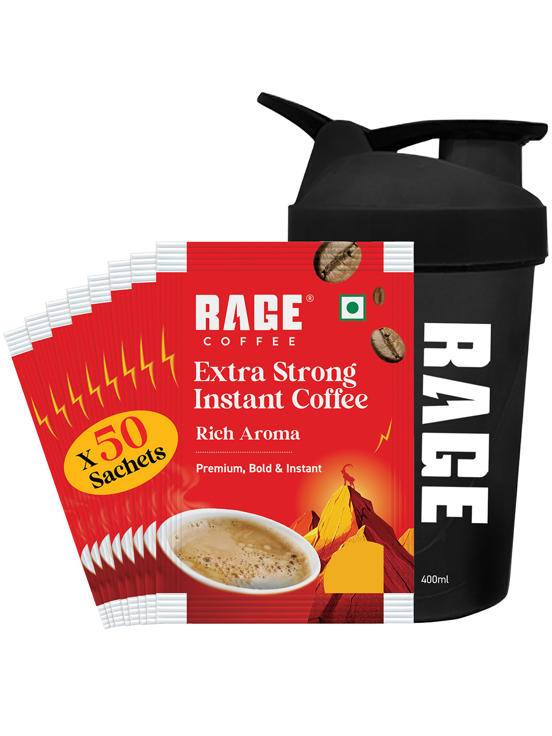 Rage Coffee Extra Strong Premium Blend Coffee 200g & Shaker 400ml