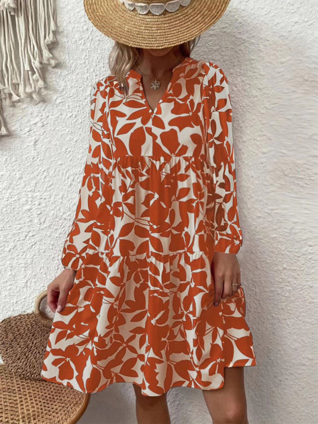 StyleCast Rust Round Neck Long Sleeves Abstract Printed A-Line Dress