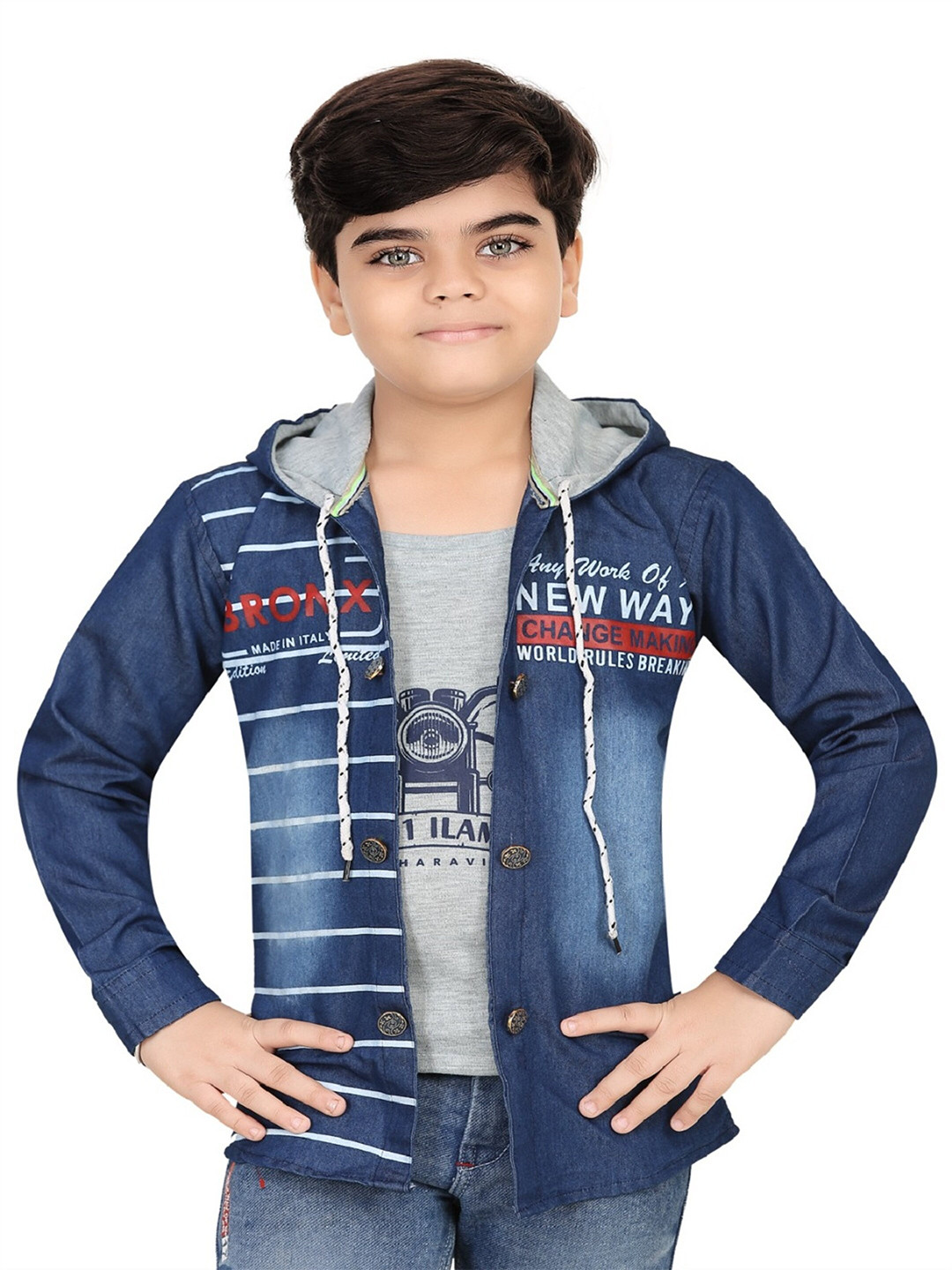 BAESD Boys Typography Printed Lightweight Denim Jacket with Attached T-shirt