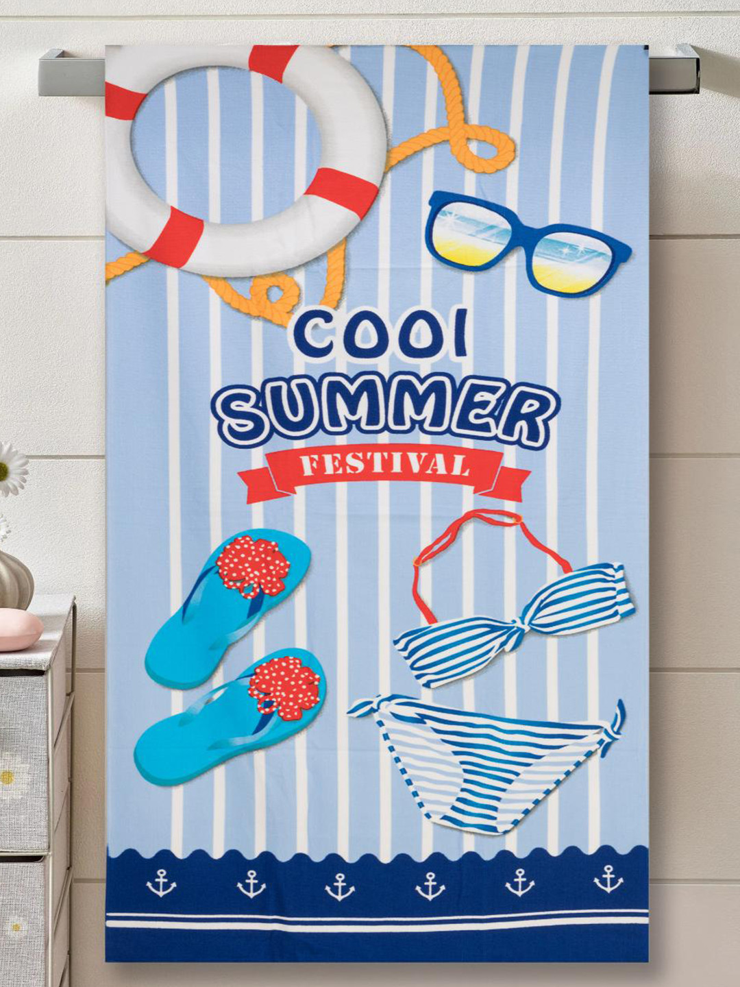 Yellow Bee Girls Blue & Red Beach Summer Printed 250 GSM Bath Towels