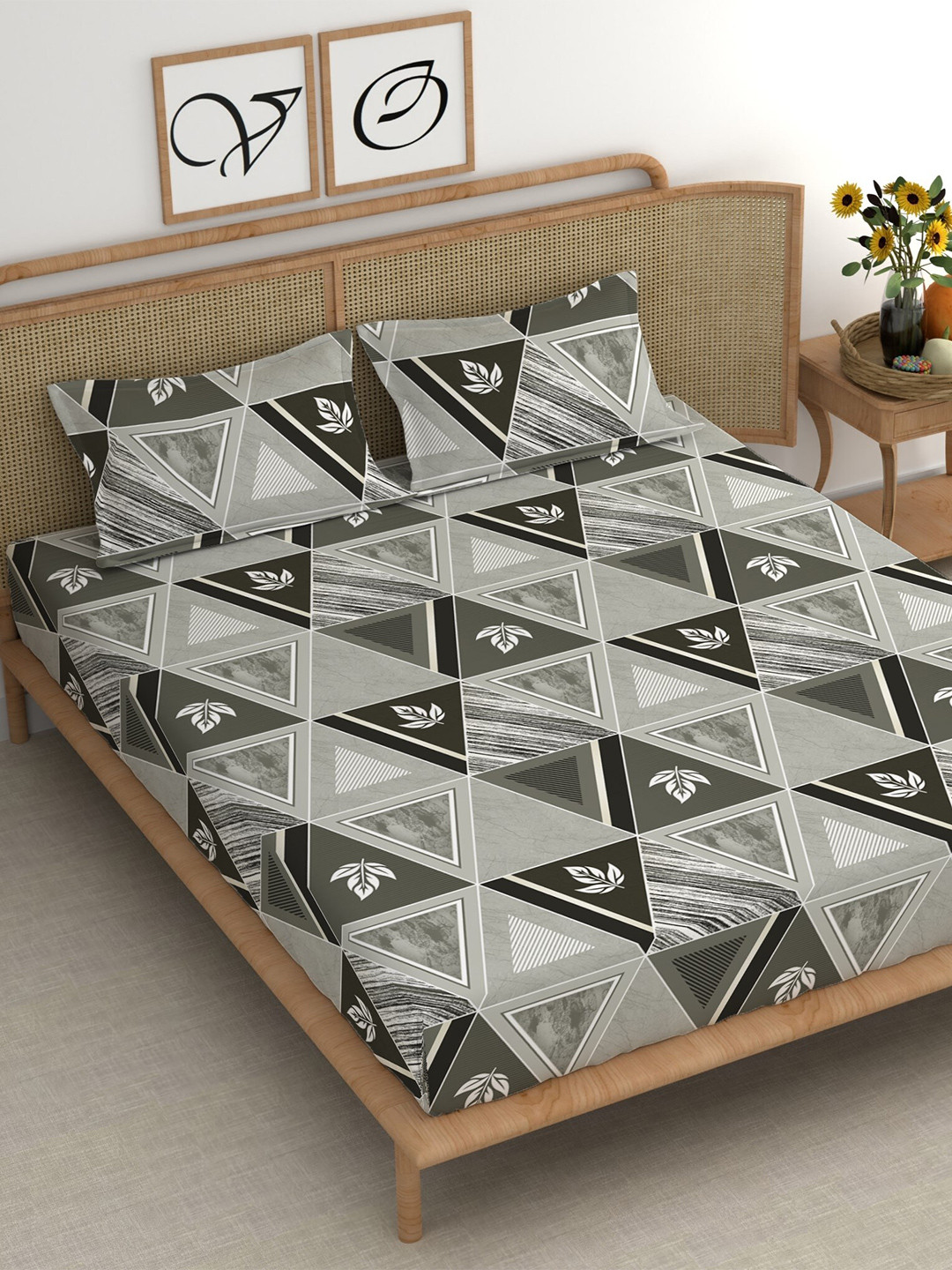 CHHAVI INDIA Meadow Grey Geometric Microfiber 210 TC King Fine Bedsheet with 2 Pillow Covers-108 x 98 inches