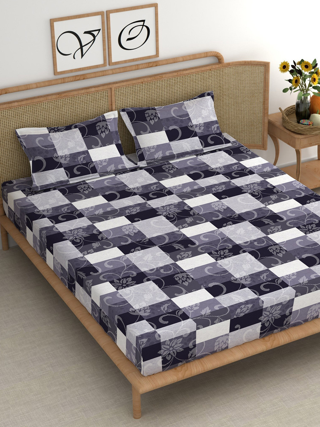 CHHAVI INDIA Lounge Blue Geometric Microfiber 210 TC King Fine Bedsheet with 2 Pillow Covers-108 x 98 inches