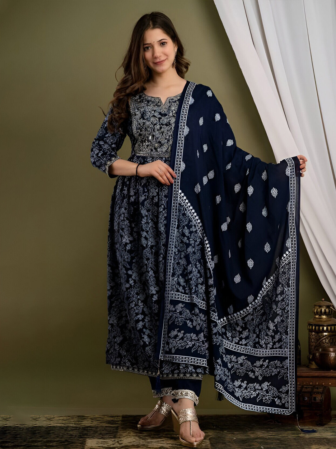 Subh LAXMI Floral Printed Thread Work A-Line Kurta With Trousers & Dupatta