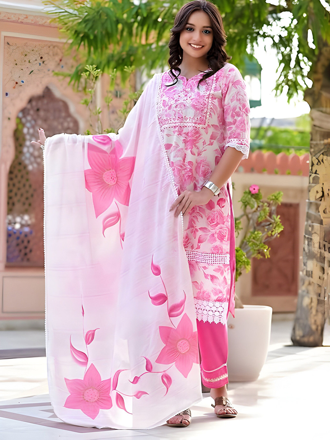 Subh LAXMI Floral Printed Gotta Patti Kurta With Trousers & Dupatta