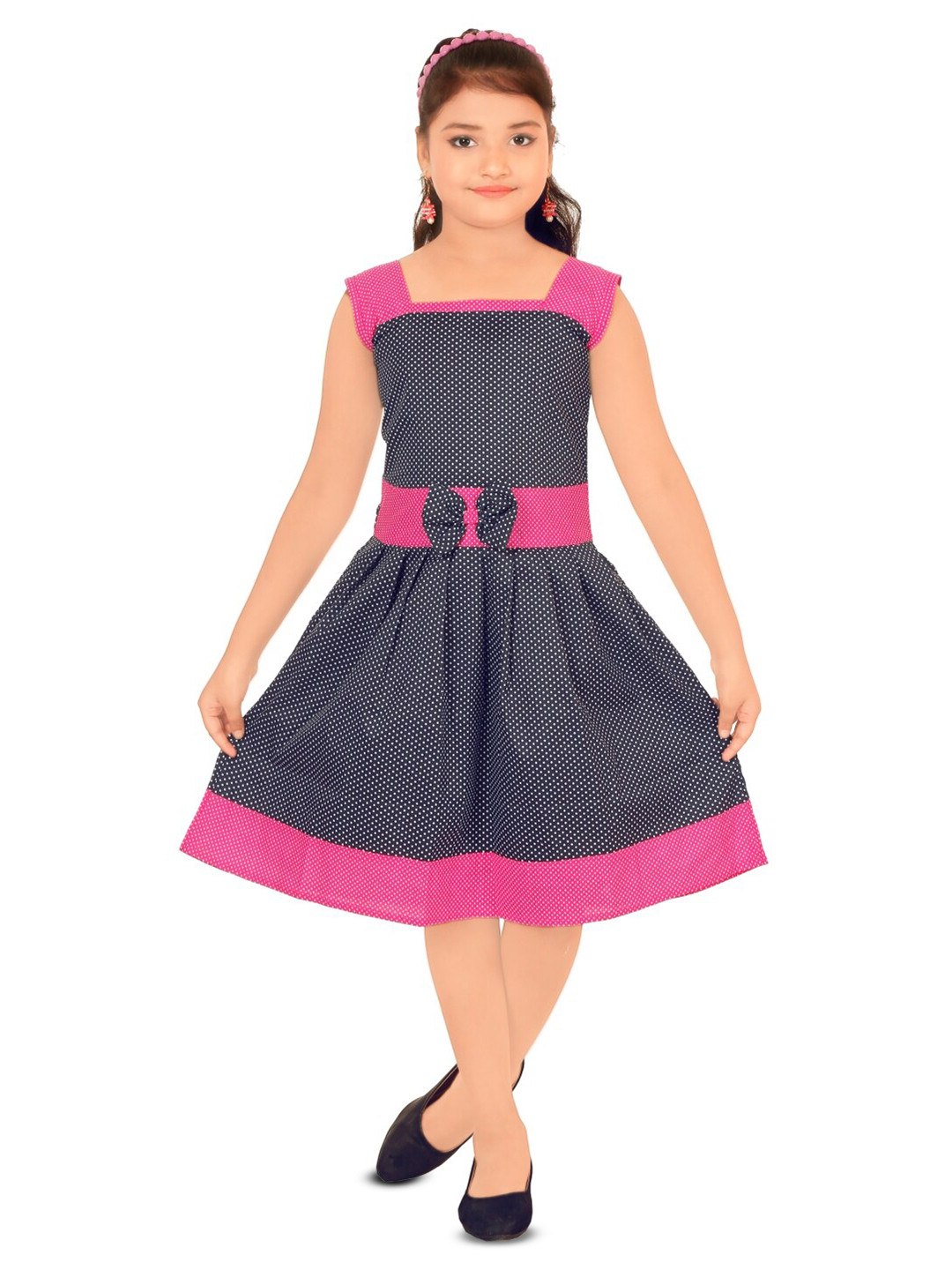 BAESD Girls Polka Dots Square Neck Sleeveless Cotton Fit & Flare Dress