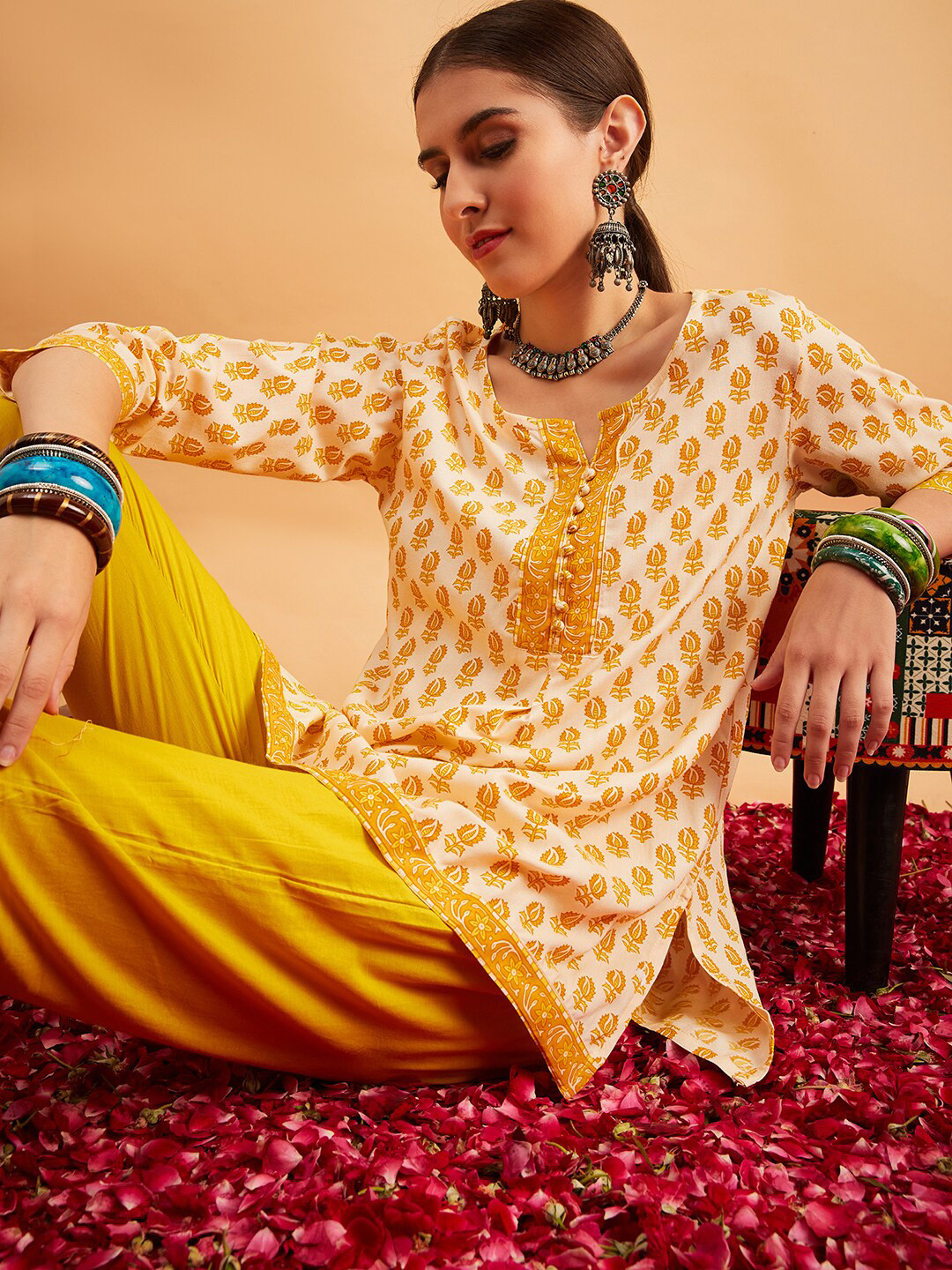 Anouk Mustard Yellow Ethnic Motifs Printed Straight Short Kurti