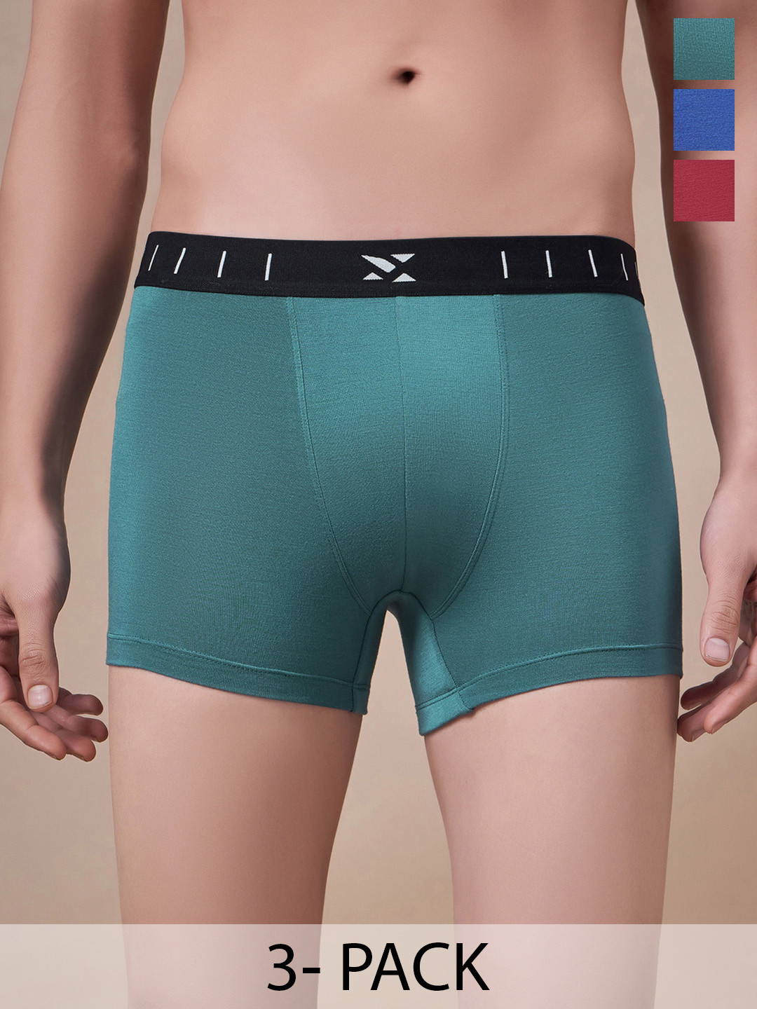 Masch Sports Pack Of 3 Antimicrobial Trunks TRK-3-SOL-EI-GRN-BLU-ET-RED