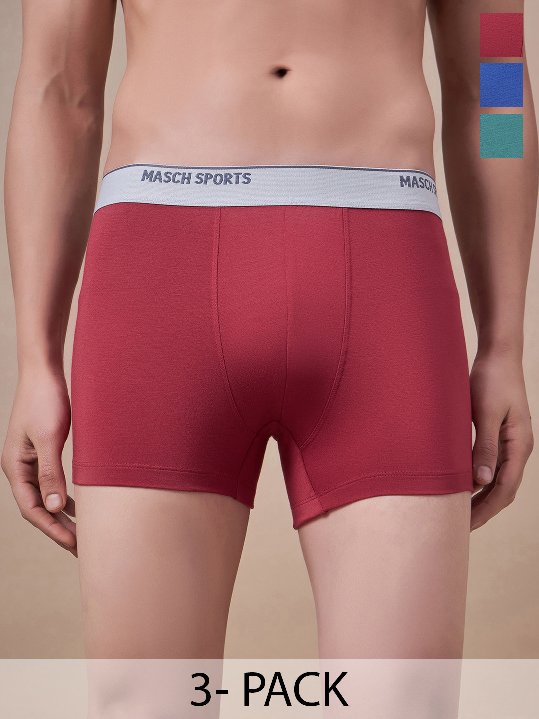 Masch Sports Pack Of 3 Antimicrobial TrunksTRK-3-SOL-ET-RED-BLU-GRN