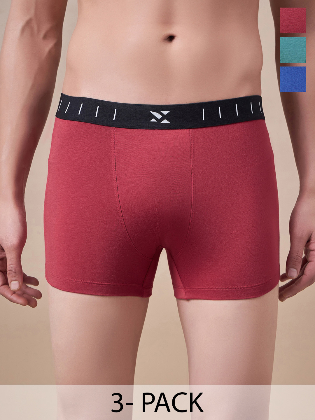 Masch Sports Pack Of 3 Antimicrobial Trunks TRK-3-SOL-EI-RED-ET-GRN-BLU