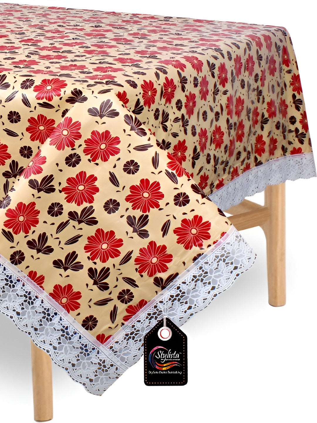 Stylista Beige & Red Floral Printed Waterproof Square 2 Seater Table Cover
