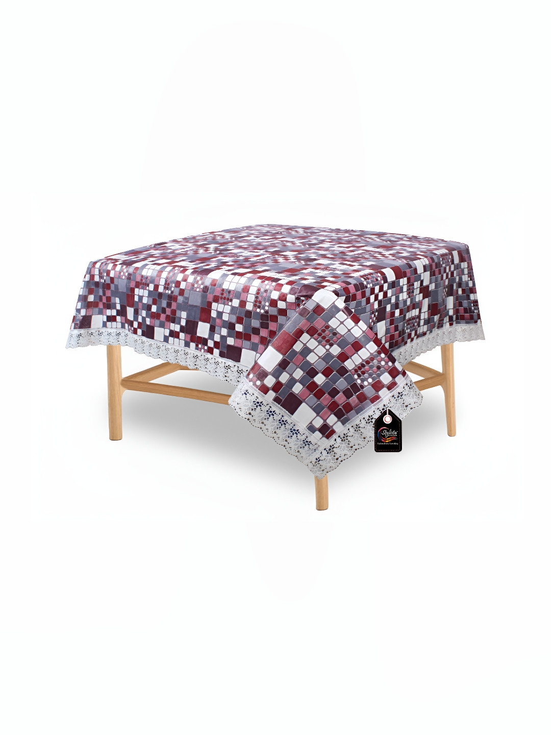Stylista Grey & Maroon Geometric Square Waterproof 4-Seater Table Cover