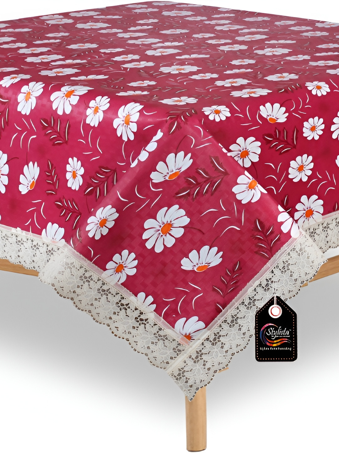 Stylista White & Red Floral Square Waterproof Plastic 6 Seater Table Cover