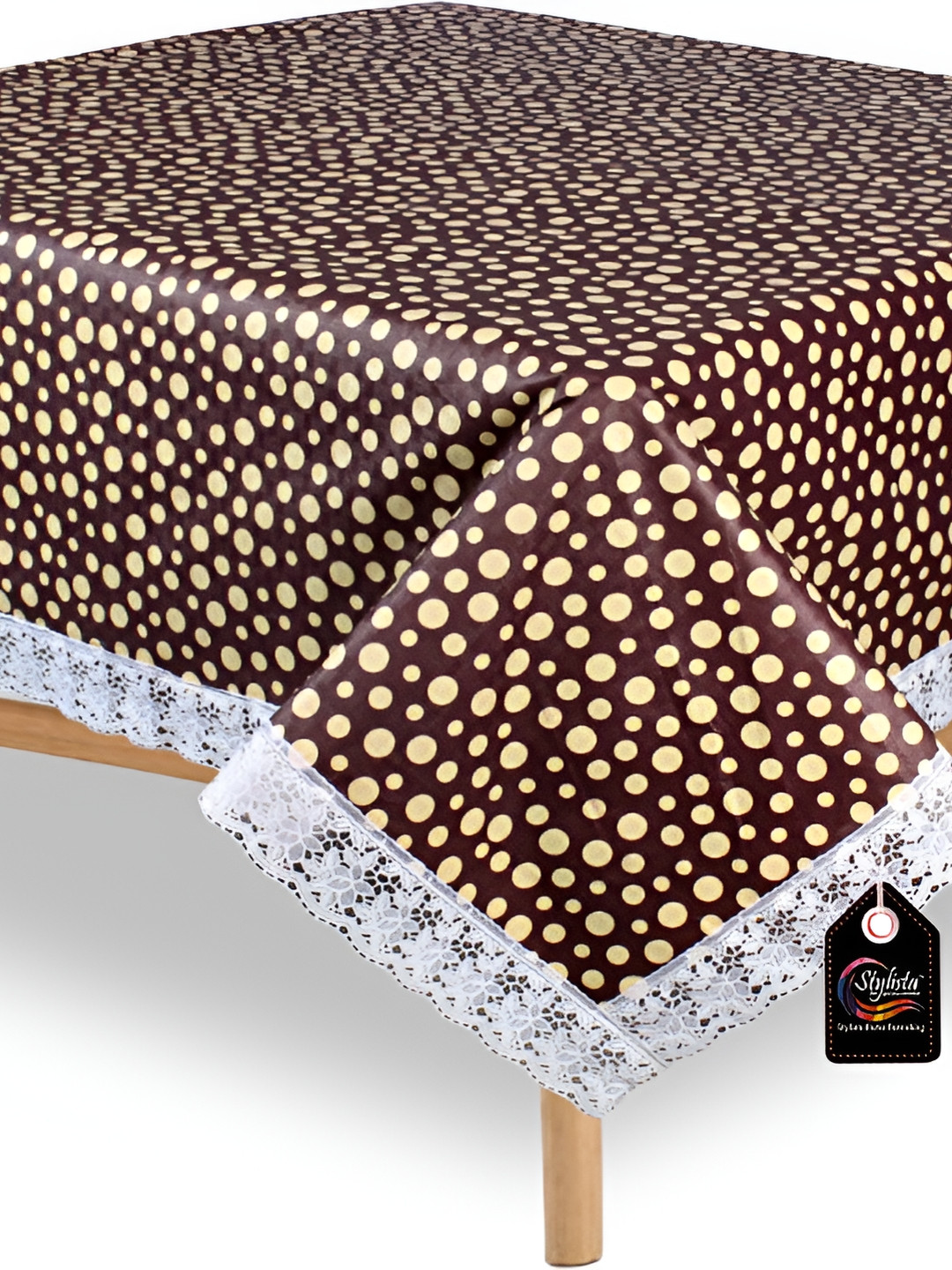 Stylista Brown & White Polka Printed 1.52 m x 1.52 m Waterproof Square Table Cover