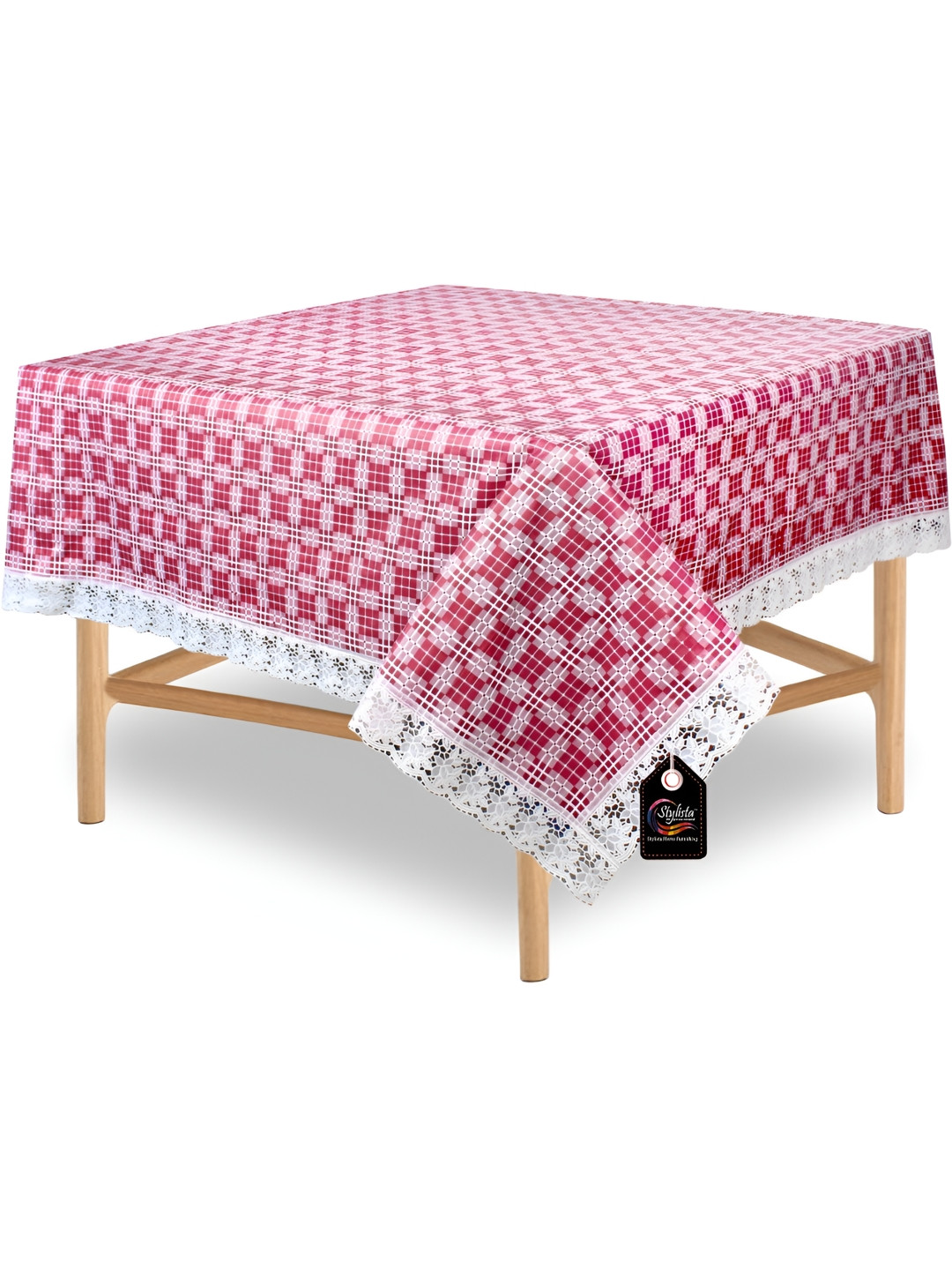 Stylista Pink & White Checked Printed Waterproof 1.82 m x 1.82 m Square Table Cover
