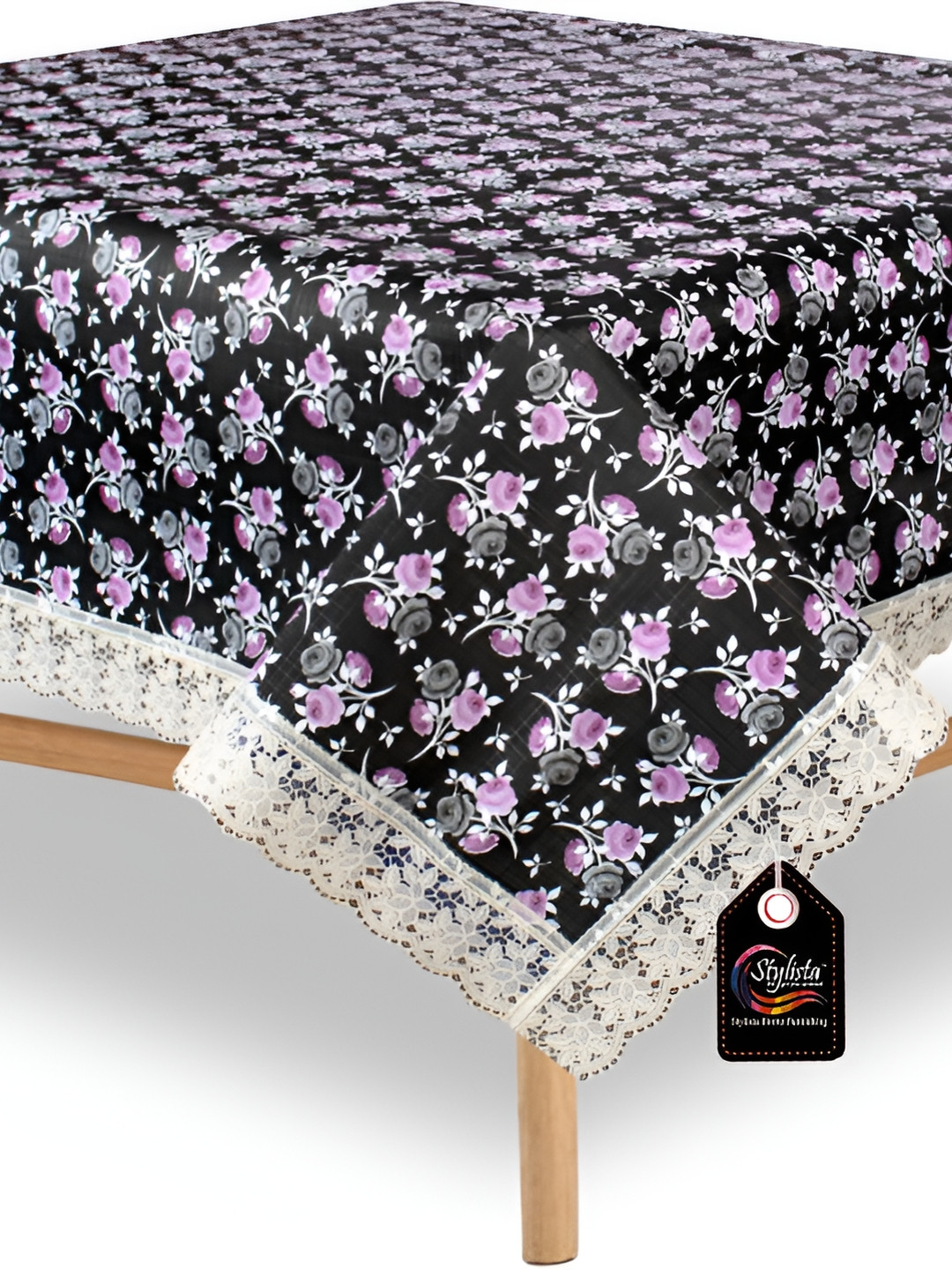Stylista Black & Purple Floral Square Waterproof 4-Seater Table Cover