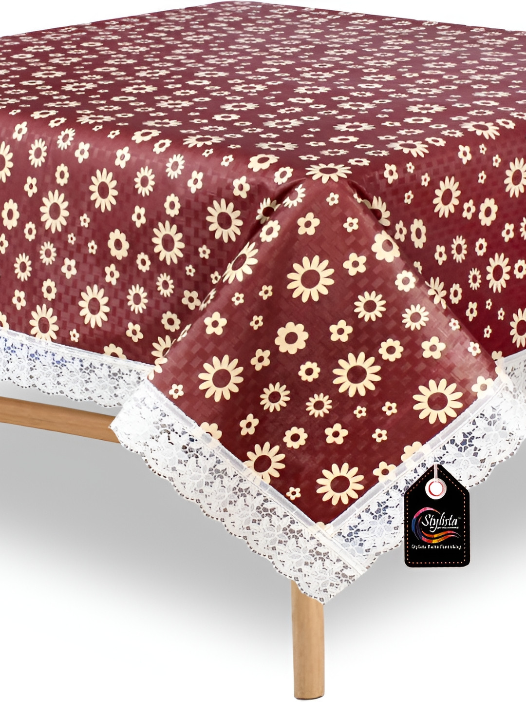 Stylista Brown & White Floral Printed 1.82 m x 1.82 m Waterproof Square Table Cover