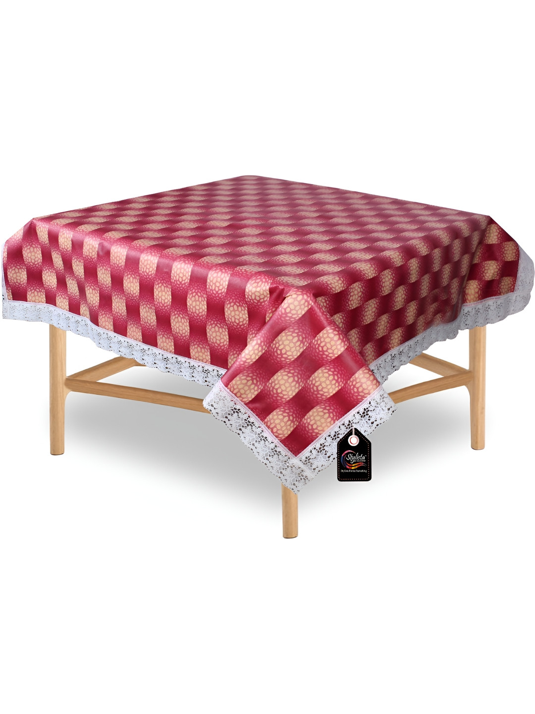 Stylista Red & beige Self Design Waterproof Square Shaped 4 Seater Table Cover