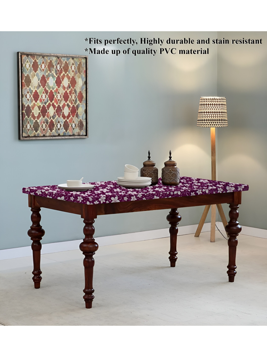 Stylista Purple & White Floral Printed Plastic 4 Seater Table Cover