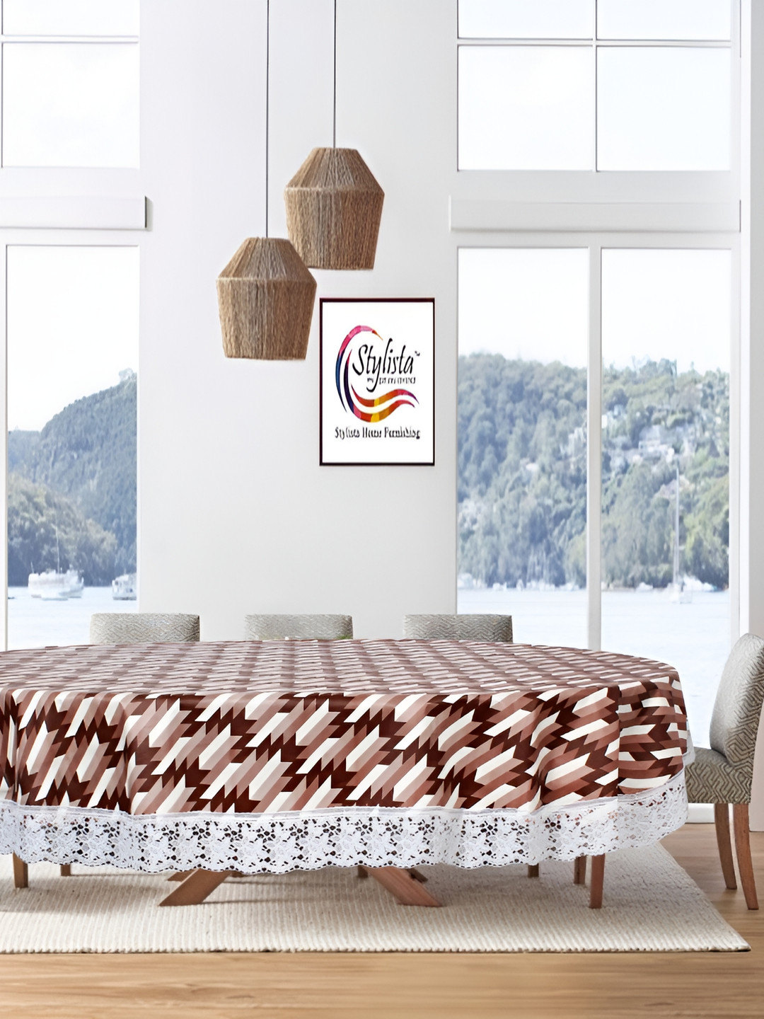 Stylista Brown & White Waterproof Qval 8 Seater Table Cover
