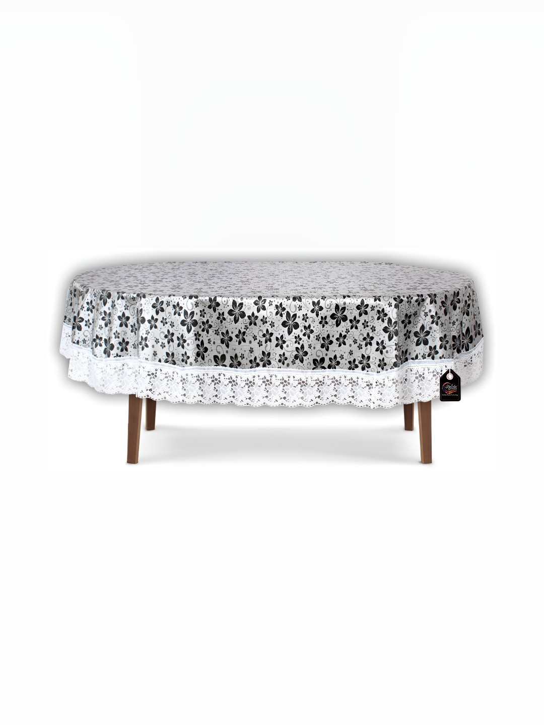 Stylista White & Black Floral Printed Waterproof 1.98 m x 1.37 m Oval Table Cover