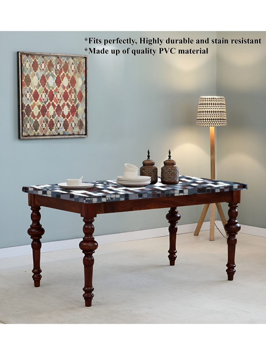 Stylista Grey & Blue Geometric Printed Waterproof Rectangle 4-Seater Table Cover