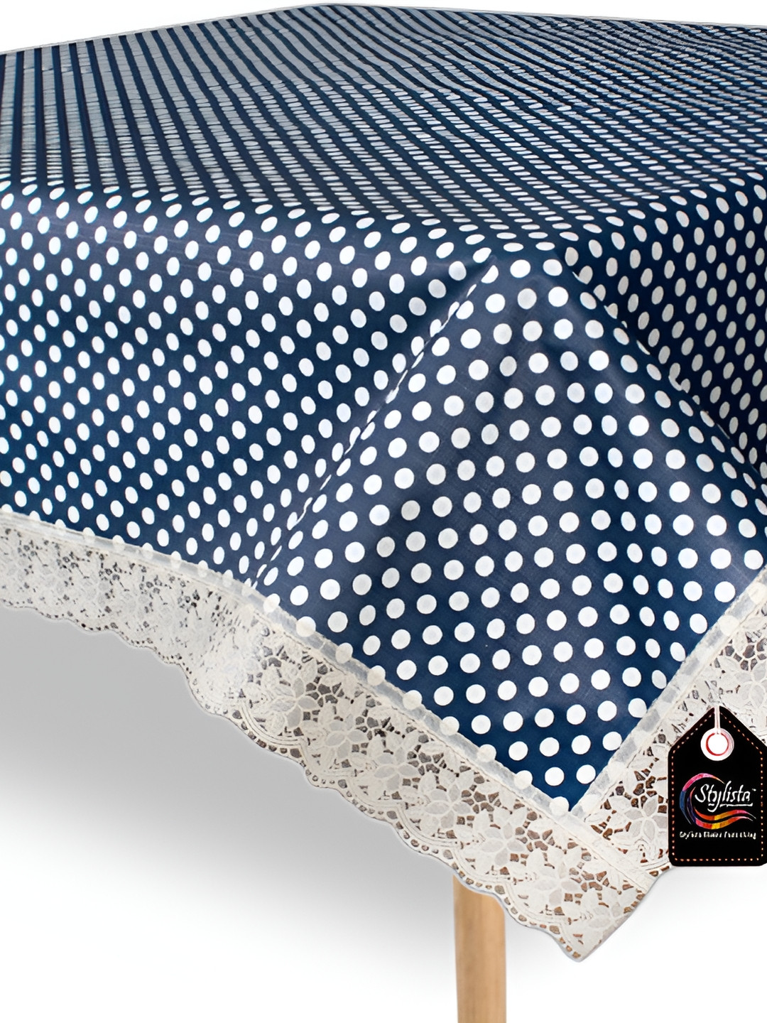 Stylista Blue & White Polka Dots Printed Waterproof 1 m x 1 m Square Table Cover