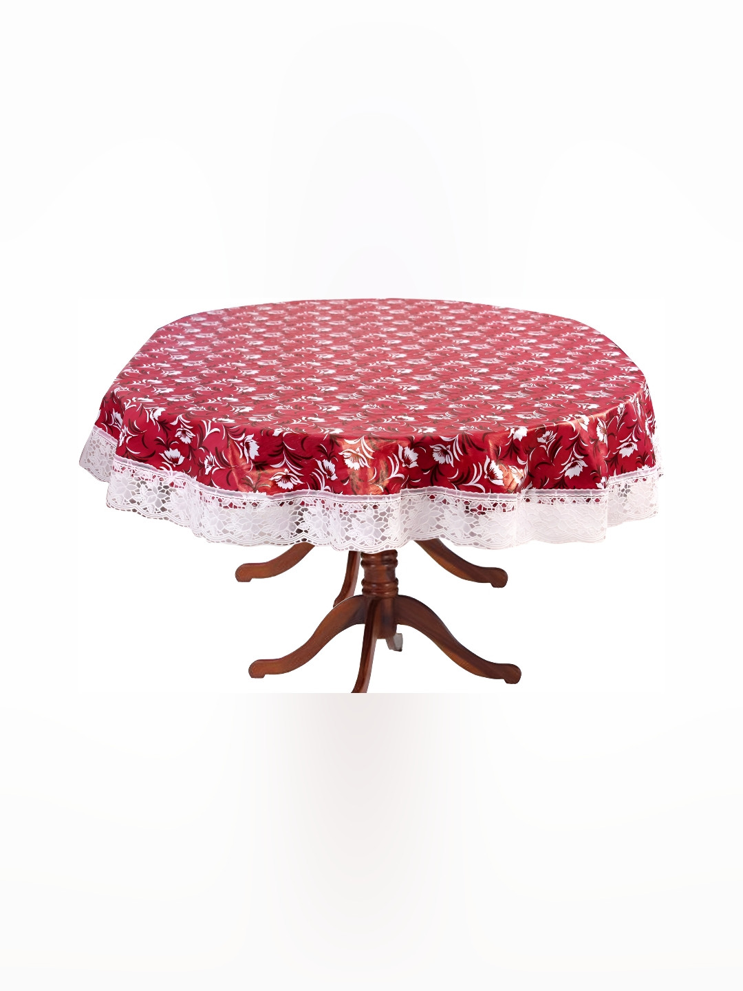 Stylista Maroon & White Floral Oval 6-Seater Table Cover