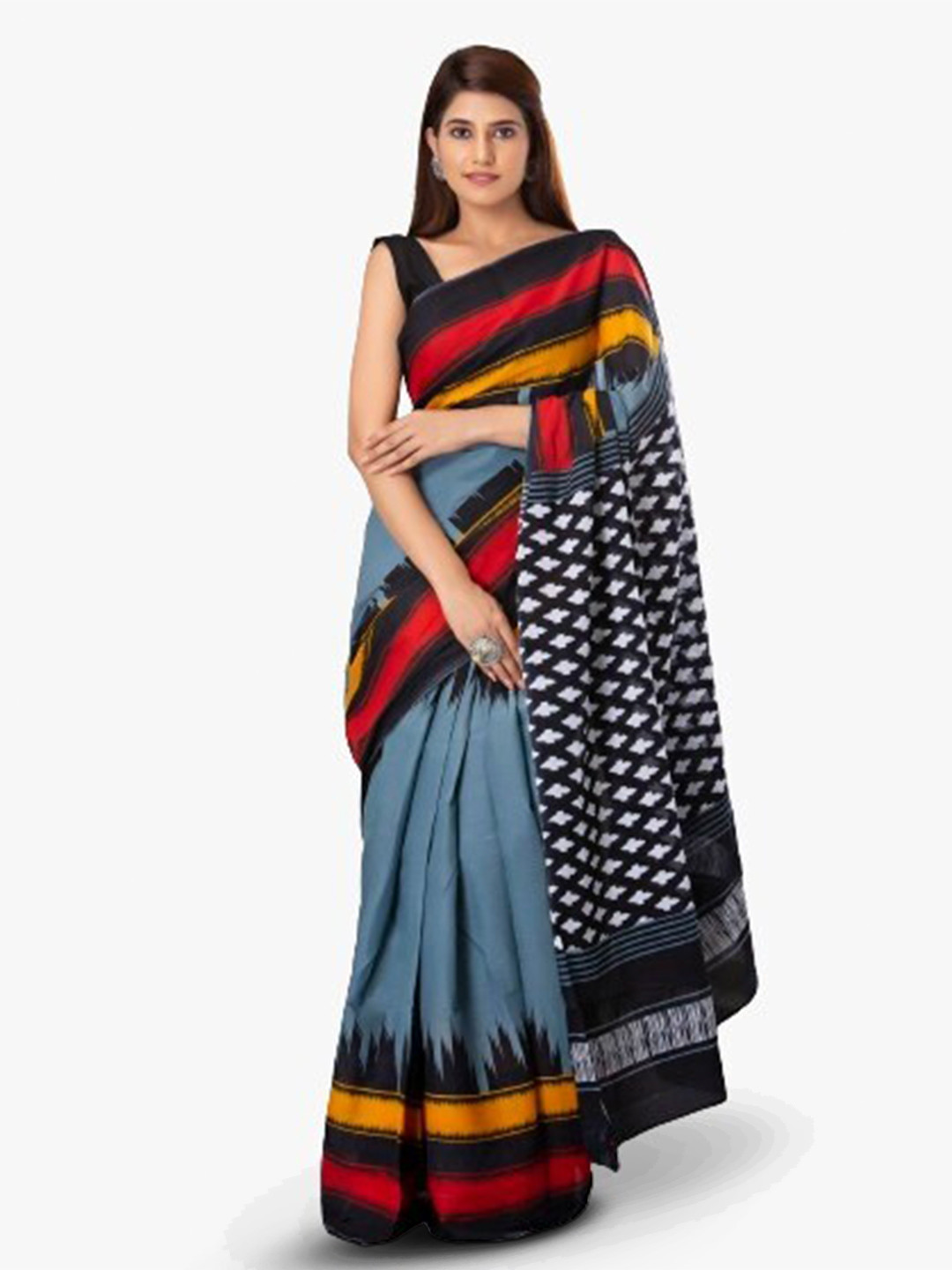 KIAARON Ikat Hand Block Printed Pure Cotton Saree