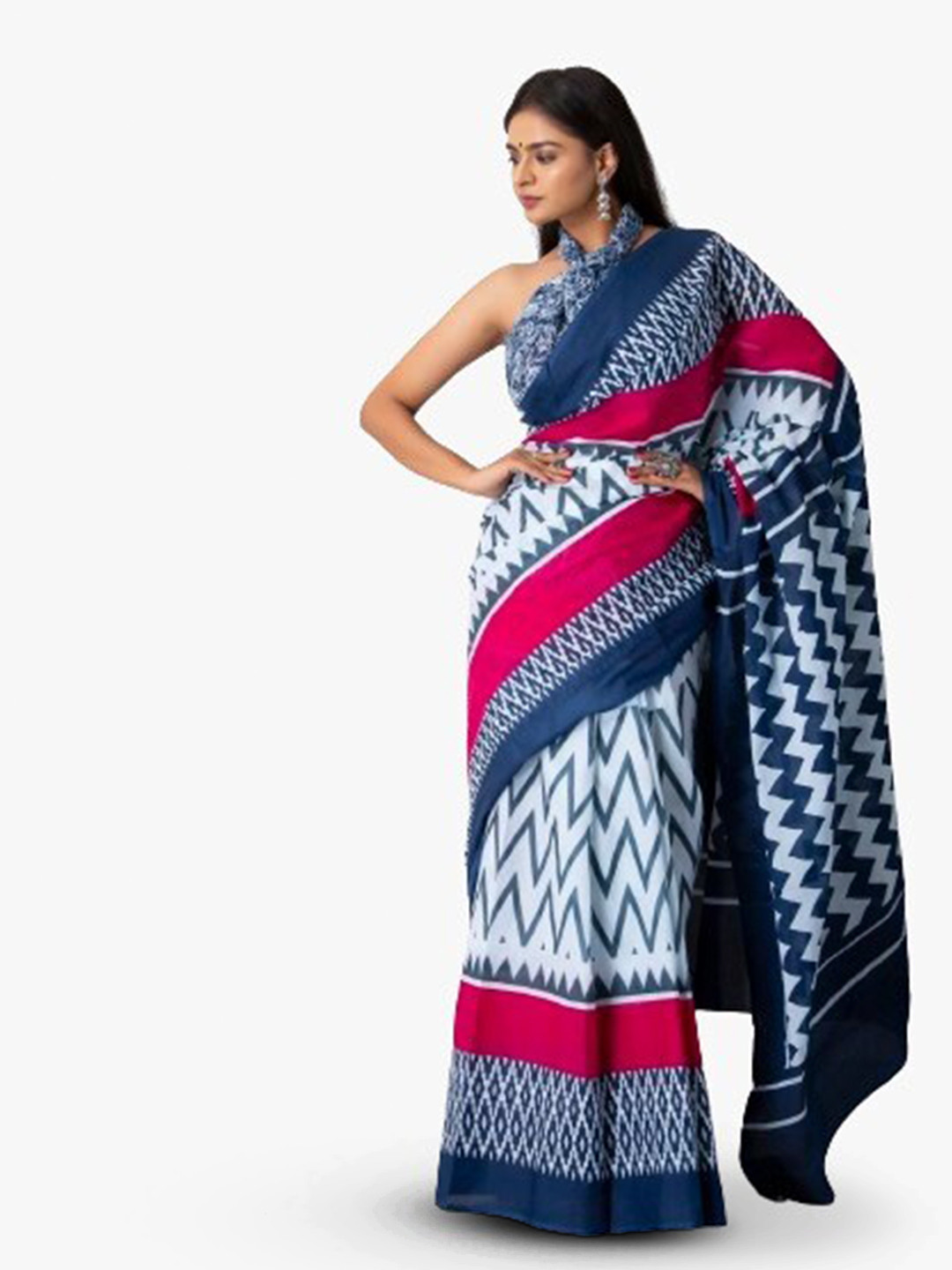 KIAARON Geometric Ikat Pure Cotton Block Print Saree