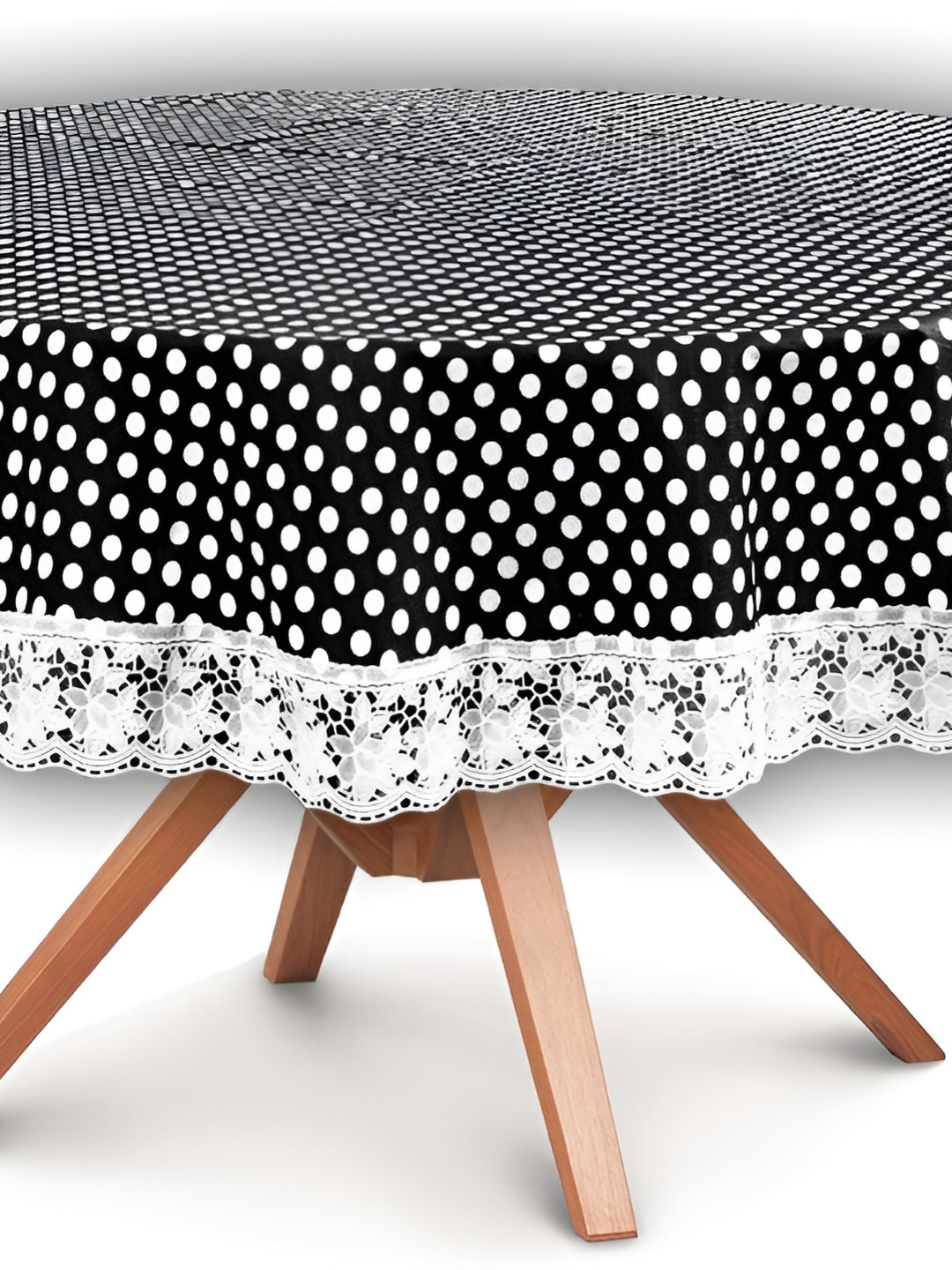 Stylista Black & White Polka Dots Printed Waterproof Round 8 Seater Table Cover