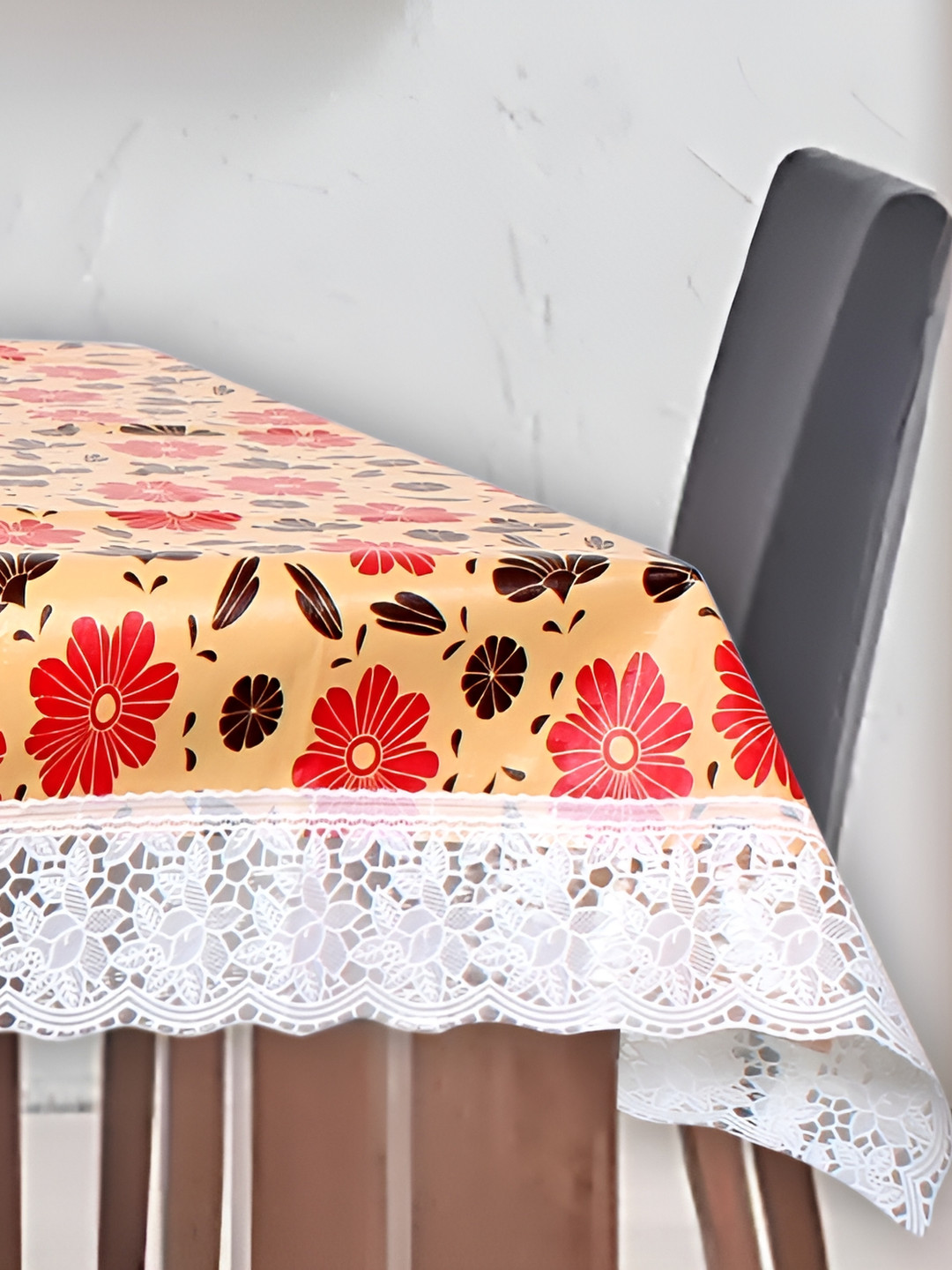 Stylista Beige & Red Floral Printed Waterproof 3 m x 1.52 m Rectangle Table Cover