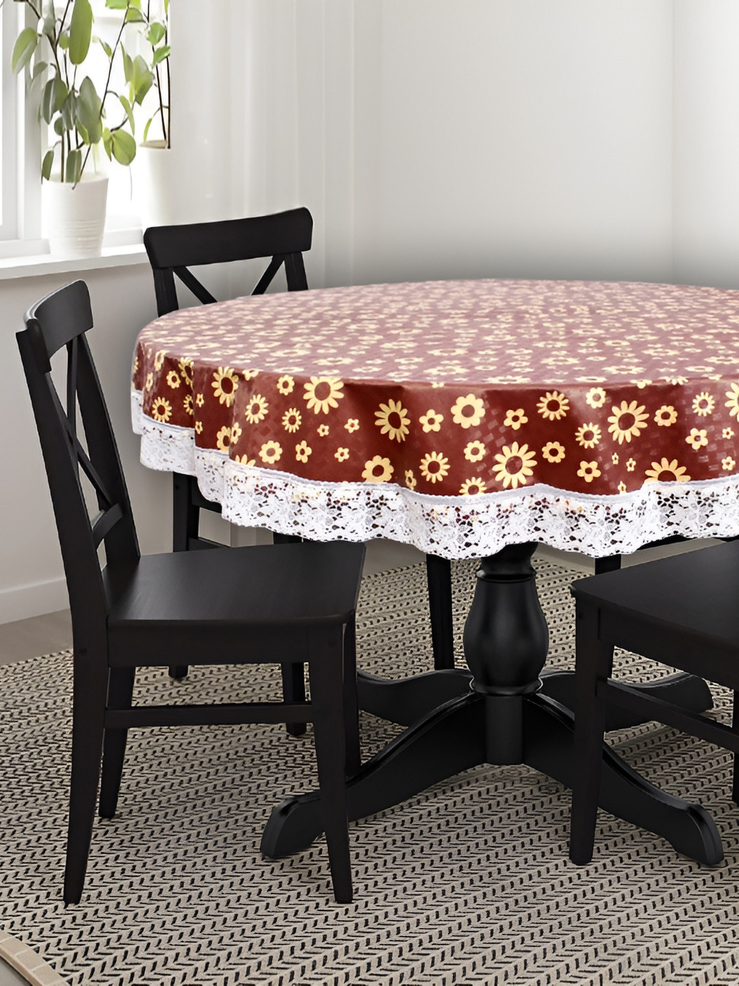 Stylista Brown & White Floral Printed 2.28 m x 2.28 m Waterproof Round Table Cover