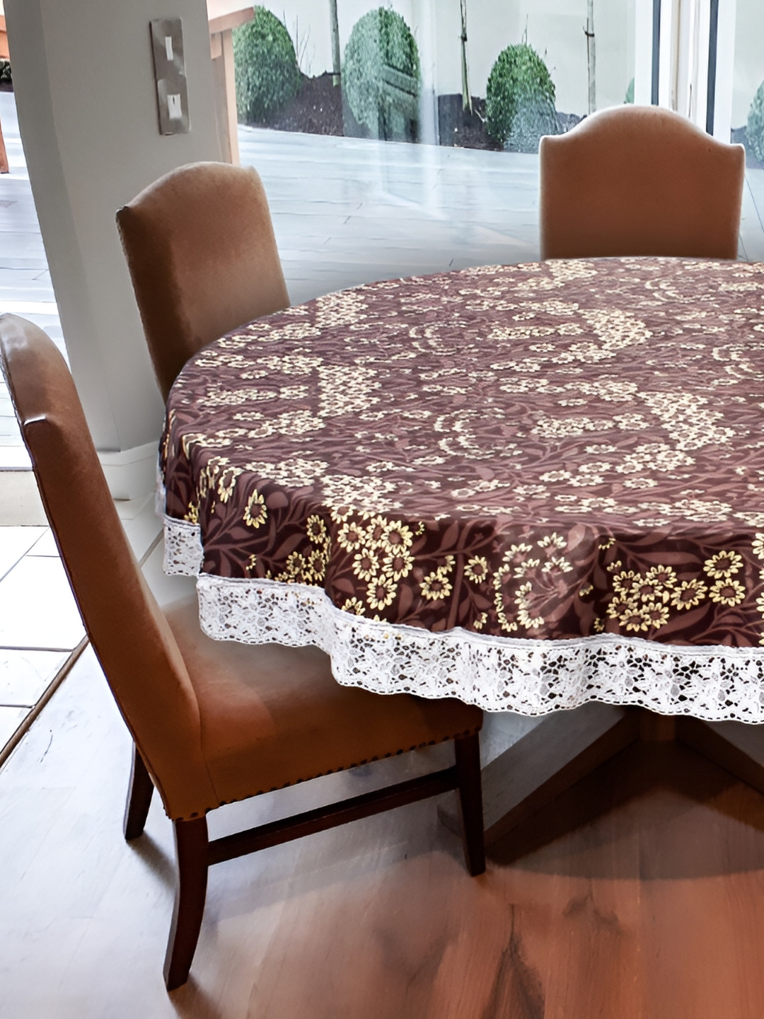 Stylista Brown & Beige Floral Printed Waterproof 1.82 m x 1.82 m Round Table Cover