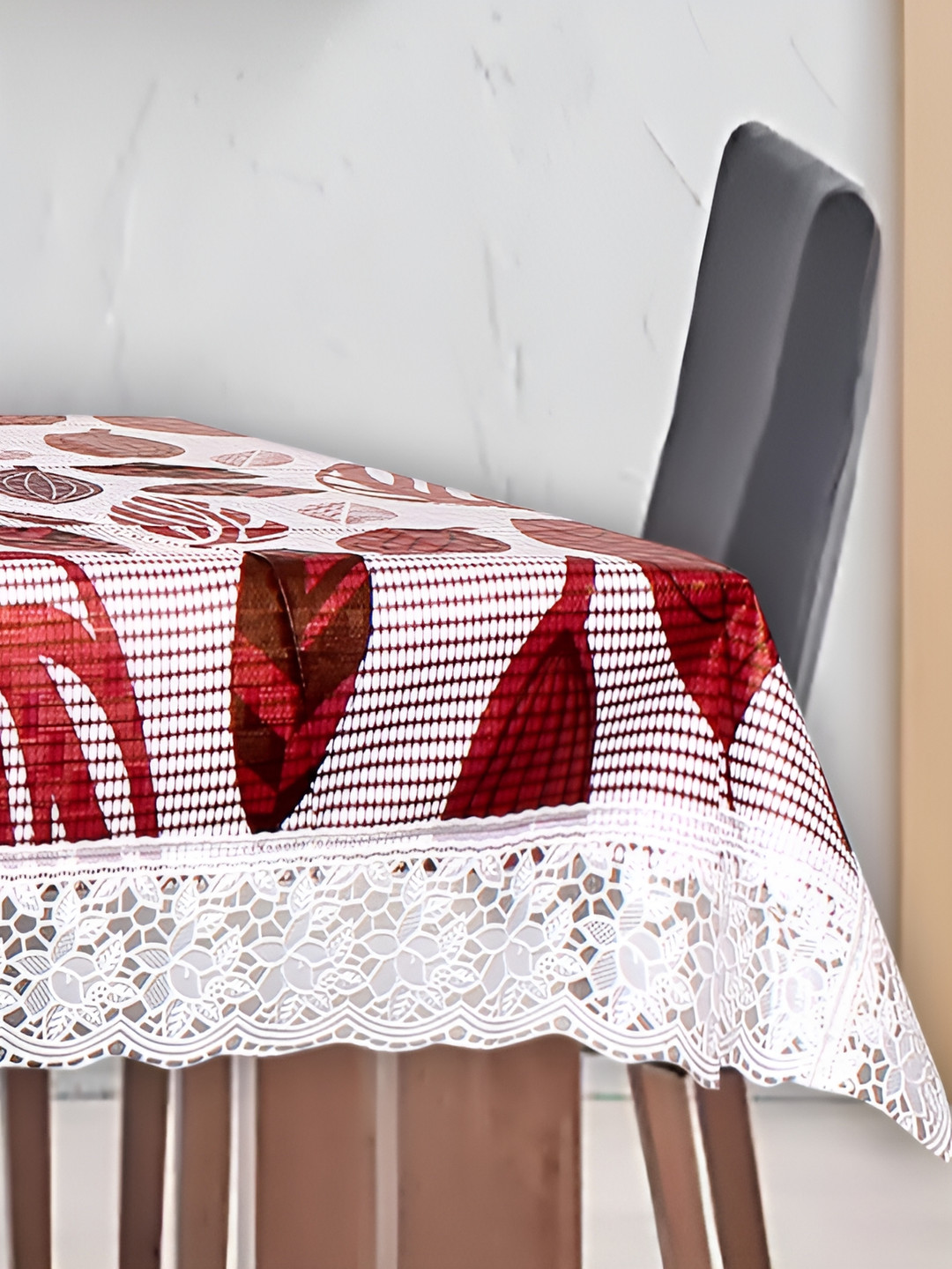 Stylista White & Maroon Waterproof Floral Print 10 Seater Table Cover