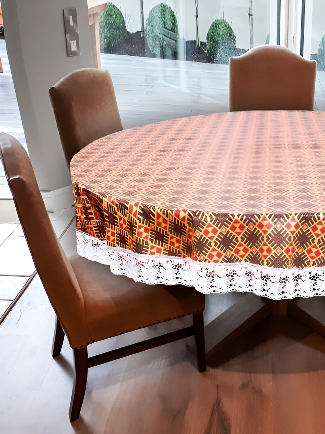 Stylista  Brown & White Waterproof Printed Round 6-Seater Table Cover