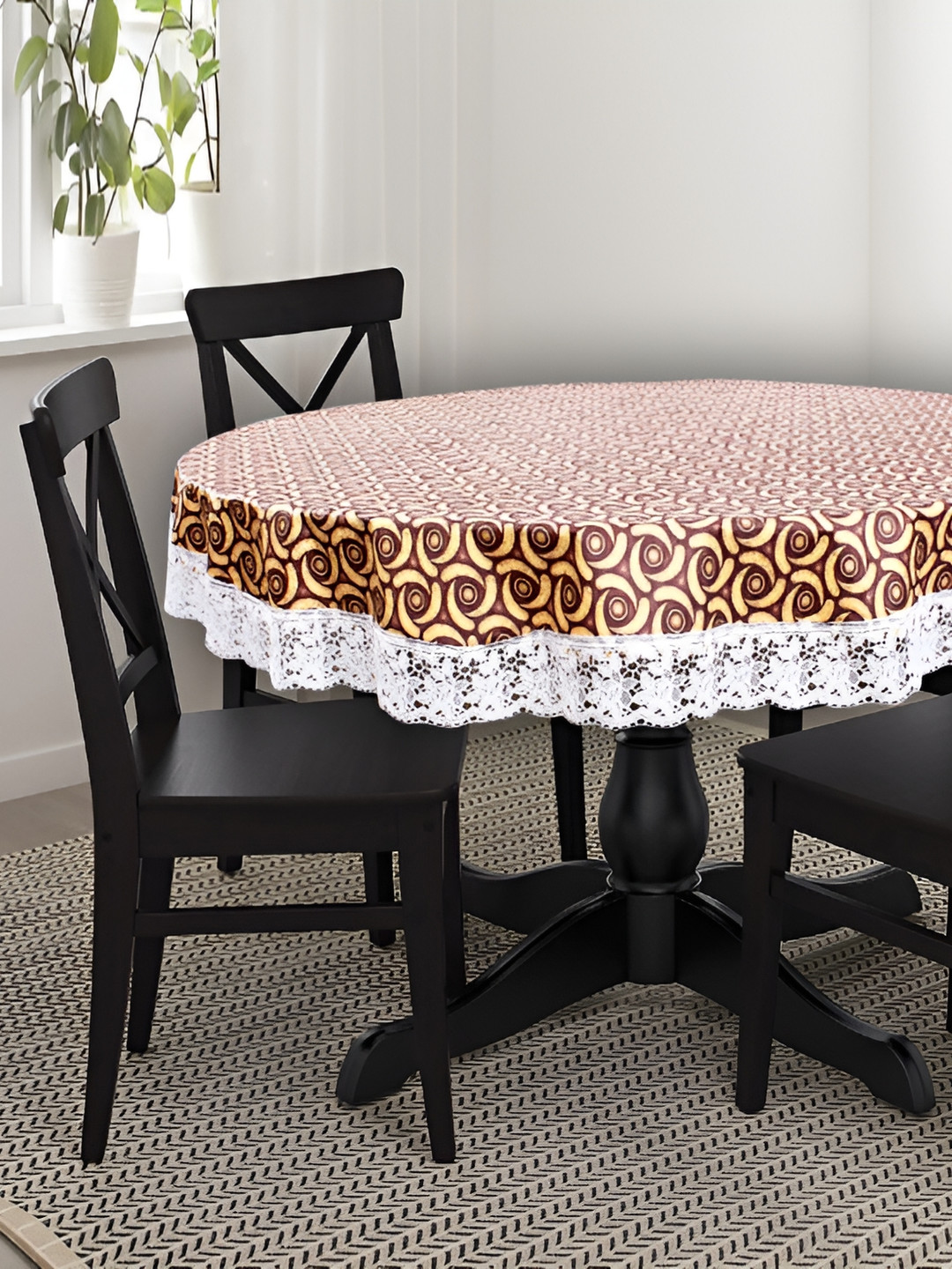 Stylista Beige & Brown Printed Waterproof 2.28 m x 2.28 m Round Table Cover